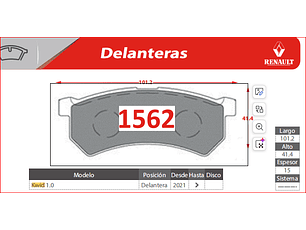 Pastillas Freno Renault KWID 1.0 2021-  > GTX Delanteras