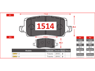 Pastillas de Freno Changan CX70 2018 > 1.5 TRASERAS