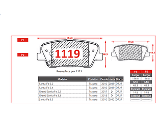 Pastillas de Frenos Traseras Hyundai Santa Fe 2.2 2010-2019 GTX