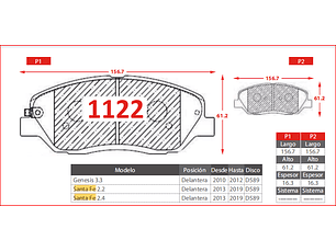 Pastillas de Freno Delantera Hyundai Santa Fe 2.2 2013-2019 GTX