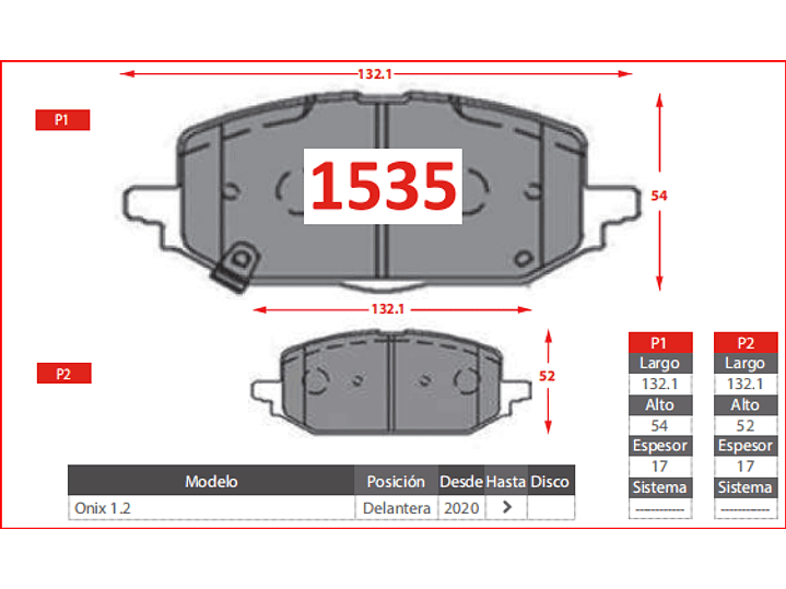 Pastillas de Freno Chevrolet Onix 1.2 2020 ->GTX Gold Delantera 2