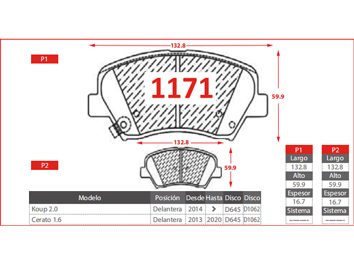 Pastillas Freno Delanteras Kía Cerato  1.6 2013-2020 GTX 2
