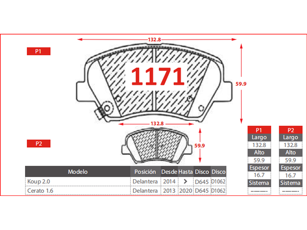 Pastillas Freno Delanteras Kía Cerato  1.6 2013-2020 GTX Gold. 2