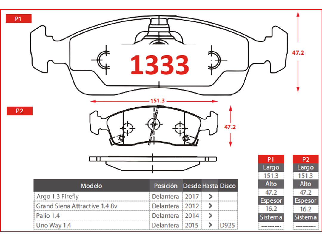 Pastillas Freno Fiat Uno Way 1.4 2015 ->   GTX Delanteras 2