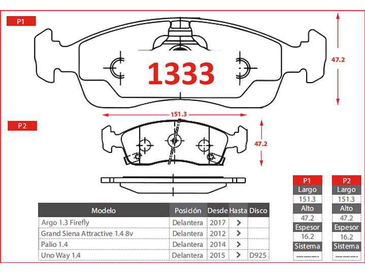Pastillas Freno Fiat Uno Way 1.4 2015 ->   GTX GOLD  Delanteras 2