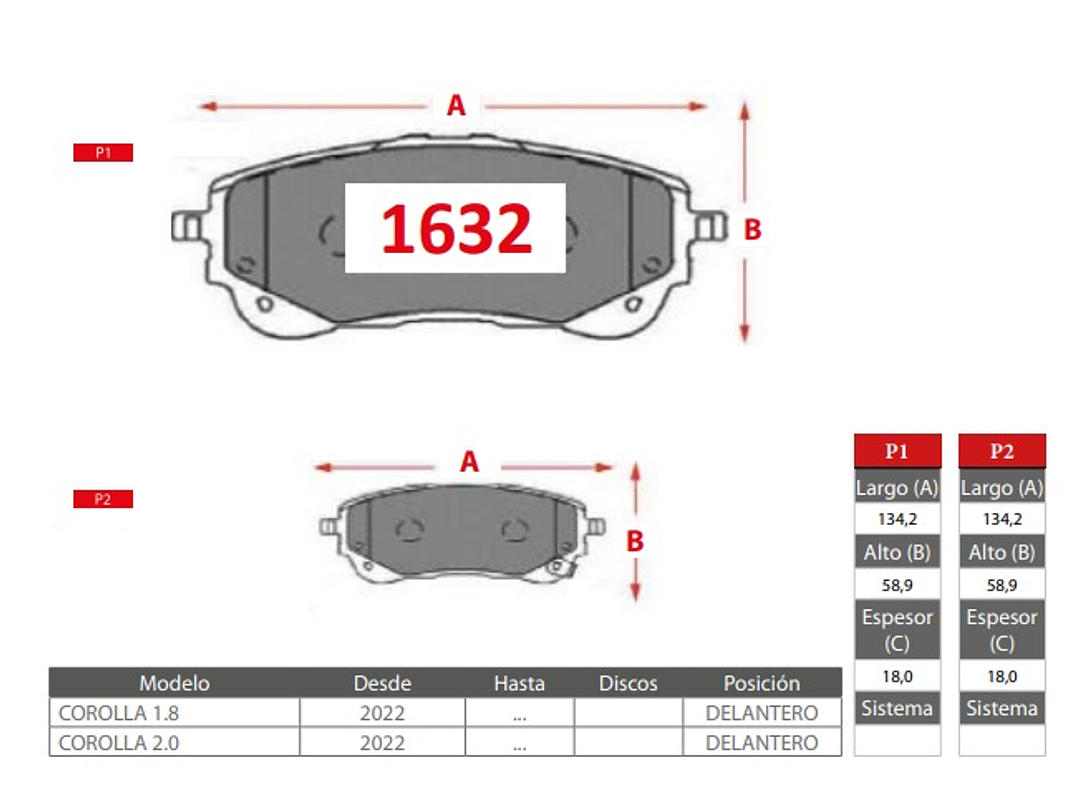 Pastillas de Freno  Delanteras Toyota Corolla 1.8/2.0  2022 ->  GTX 2