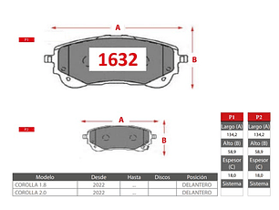 Pastillas de Freno  Delanteras Toyota Corolla 1.8/2.0 2022 ->  GTX GOLD 