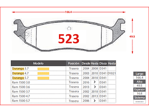 Pastillas de Freno Dodge Durango 5.7 2004-2010 GTX Traseras