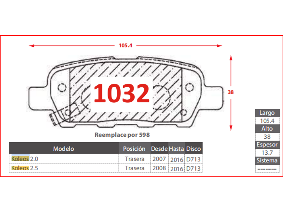Pastillas de Freno Traseras  Renault Koleos 2.5 2008-2016 GTX 2