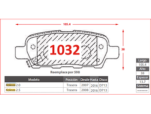 Pastillas de Freno Traseras  Renault Koleos 2.5 2008-2016 GTX