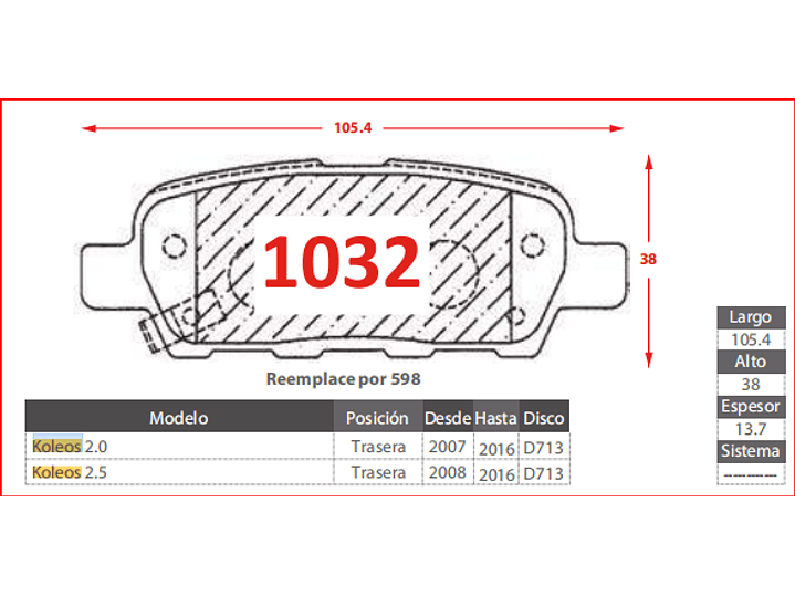 Pastillas de Freno Traseras  Renault Koleos 2.5 2008-2016 GTX 2