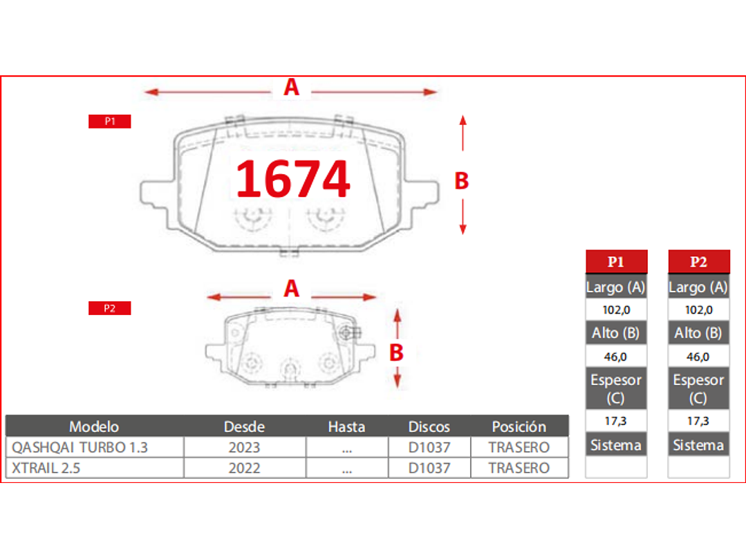 Pastillas de Freno Nissan Qashqai 2023 > Turbo 1.3 Traseras 2