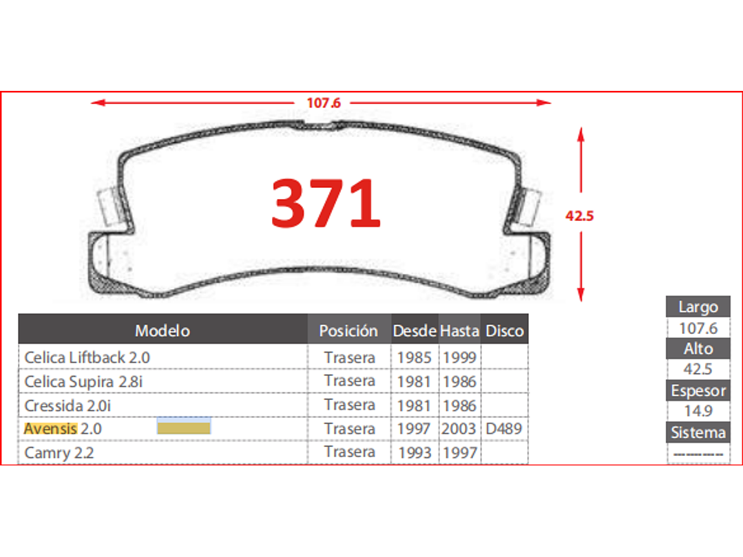 Pastillas De Freno Traseras Toyota Avensis 2.0 1997-2003 GTX 2