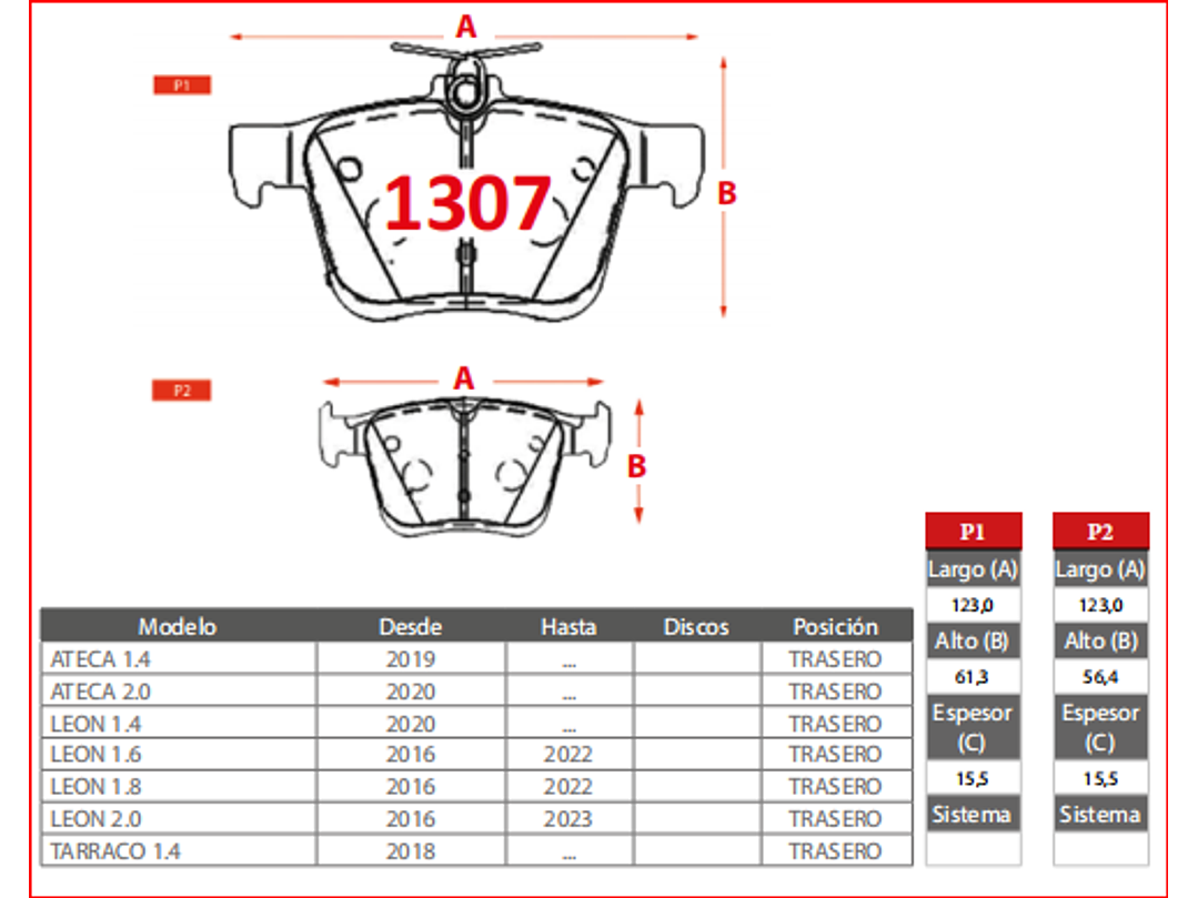 Pastillas Freno Seat Ateca 1.4  2019 -> GTX  Tras.-  2