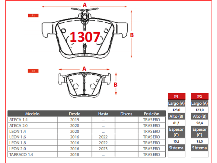 Pastillas Freno Seat Ateca 1.4  2019 -> GTX  Tras.-  2
