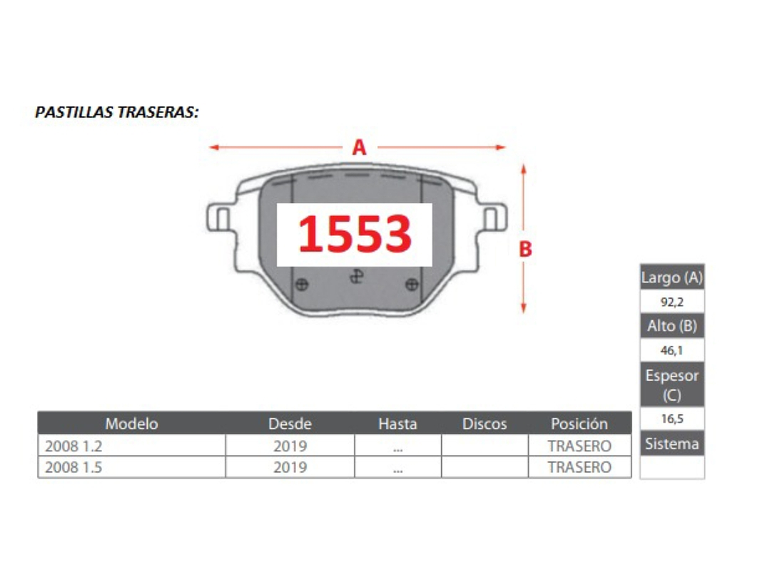 Pastillas De Freno Peugeot 2008 1.5 2019 -> TRASERAS GTX GOLD 2