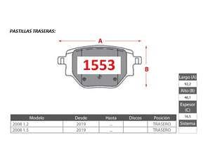 Pastillas De Freno Peugeot 2008 1.5 2019 -> TRASERAS GTX GOLD