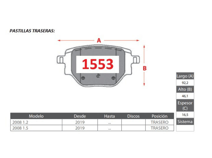 Pastillas De Freno Peugeot 2008 1.5 2019 -> TRASERAS GTX GOLD 2