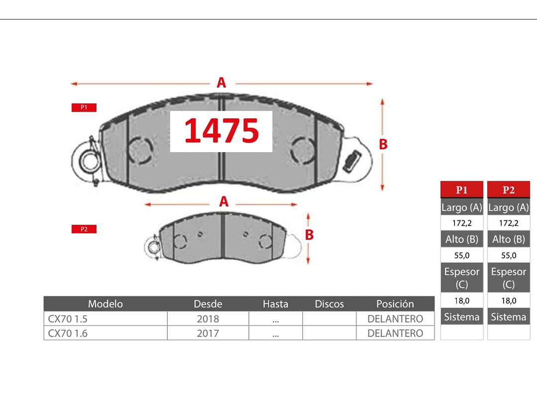 Pastillas de Freno Changan CX70 2017 > 1.6 GTX Gold Delanteras 2