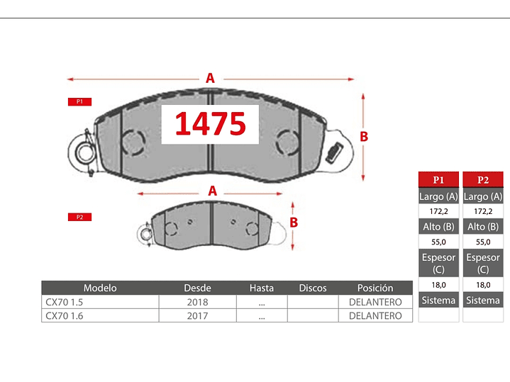 Pastillas de Freno Changan CX70 2017 > 1.6 GTX Gold Delanteras 2