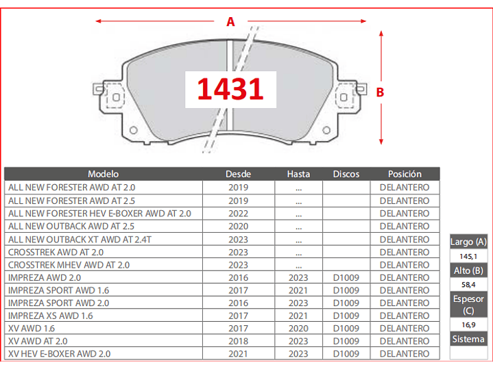 Pastillas Freno Delanteras Subaru Forester AWD AT 2.0  2019-> GTX Gold 2