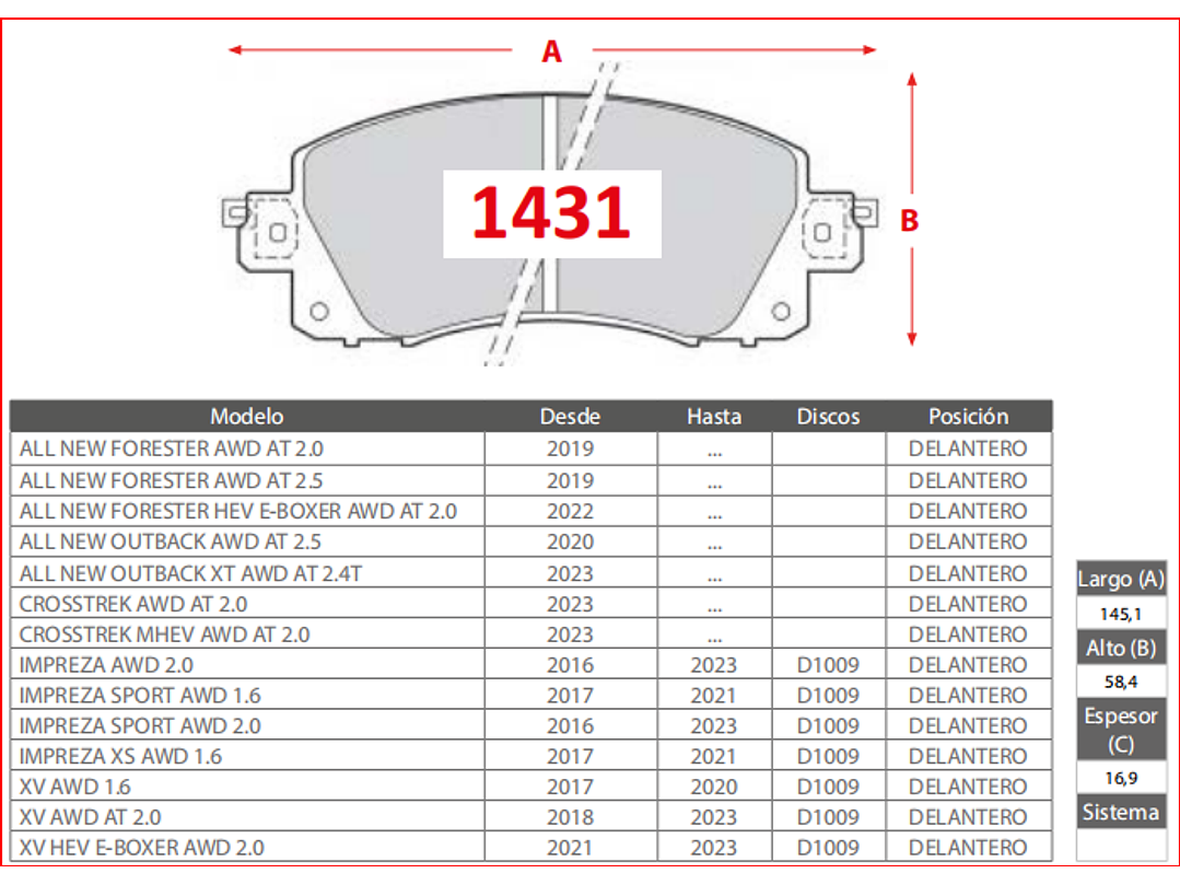 Pastillas Freno Delanteras Subaru Forester AWD AT 2.0  2019-> GTX 2