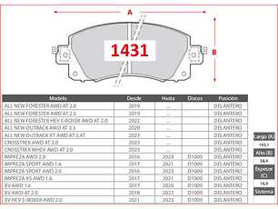 Pastillas Freno Delanteras Subaru Forester AWD AT 2.0  2019-> GTX