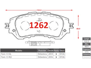 Pastillas de Freno Toyota Yaris XLI 2016-2023 1.5 Del. GTX Gold