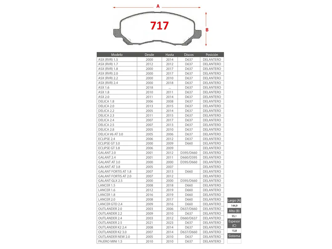 Pastillas de Freno Mitsubishi Asx 1.6 2018-> GTX Gold Delan. 2