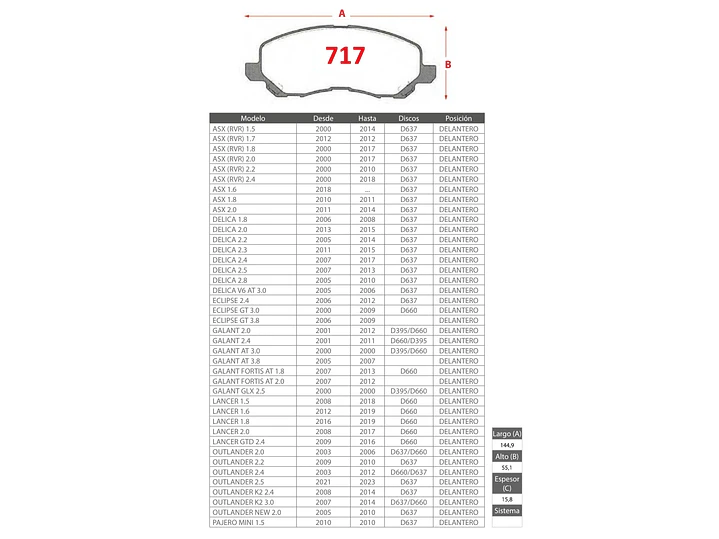 Pastillas de Freno Mitsubishi Asx 1.6 2018-> GTX Gold Delan. 2