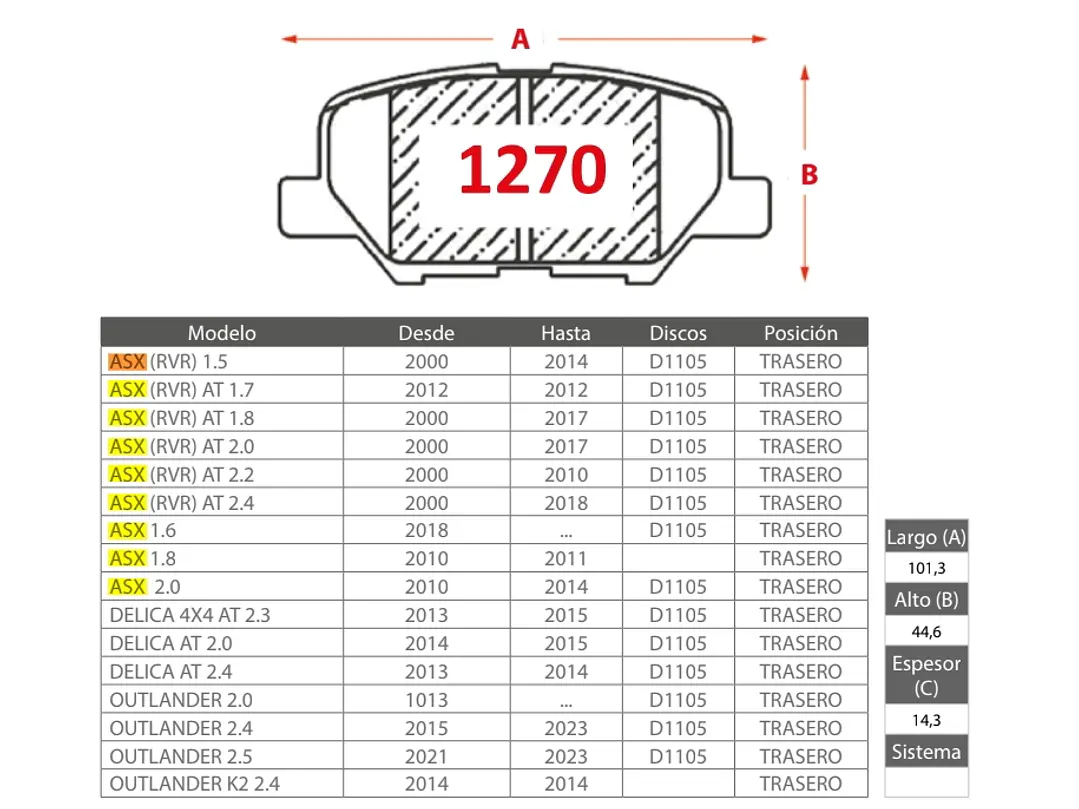 Pastillas de Freno Mitsubishi Asx 1.6 2018-> GTX Traseras 2
