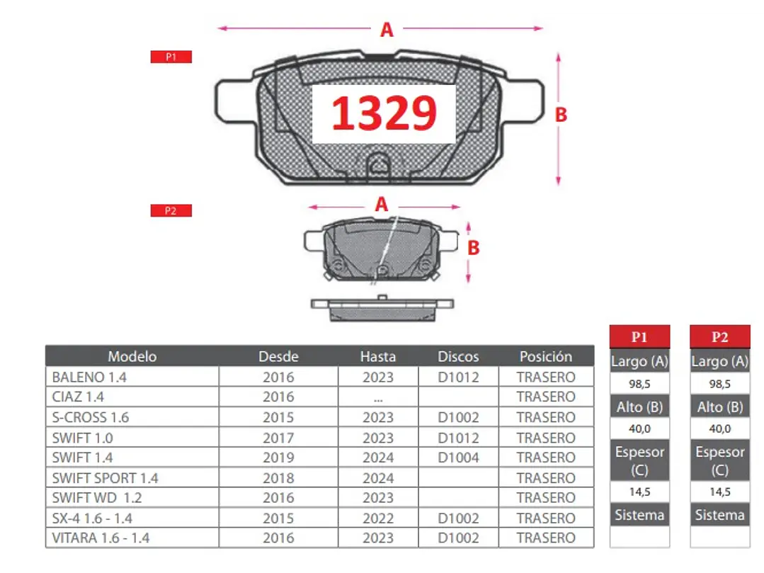 Pastillas De Freno Suzuki Swift 1.2 2016-2023 GTX Traseras 2