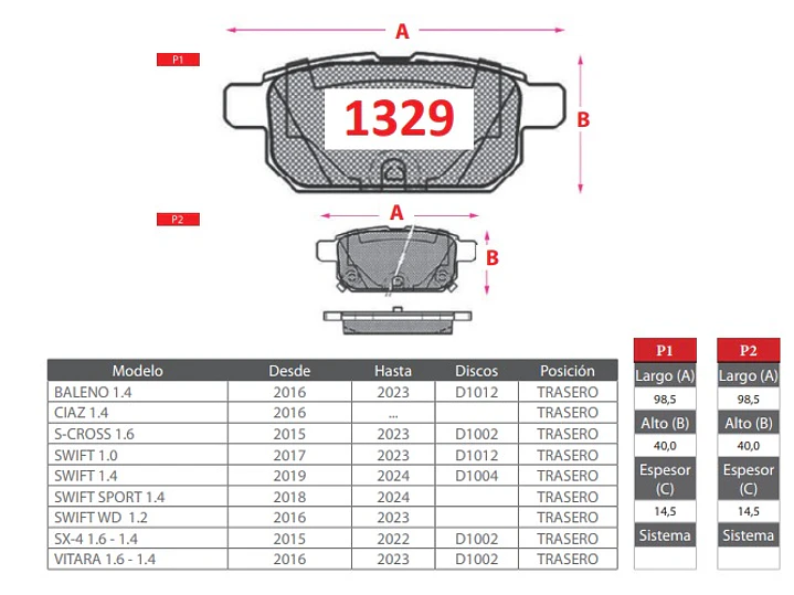 Pastillas De Freno Suzuki Swift 1.2 2016-2023 GTX Traseras 2