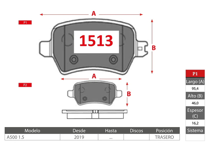Pastillas de Freno Changan A500 2019> 1.5 TRASERAS 2