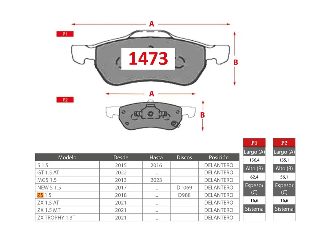 Pastillas de Freno MG ZS 2018> 1.5 GTX Gold Delanteras 2