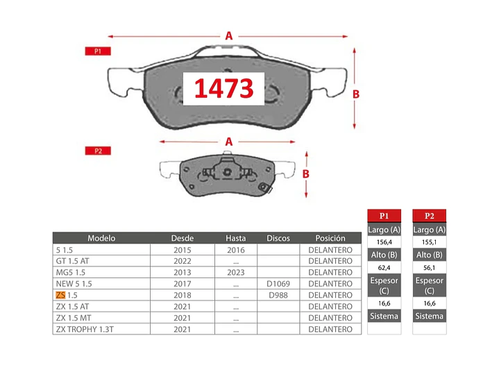 Pastillas de Freno MG ZS 2018> 1.5 GTX Gold Delanteras 2