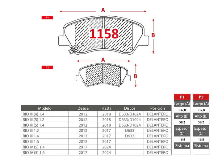 Pastillas de Freno Kia Rio 5 1.4 2012-2018 Delanteras 2