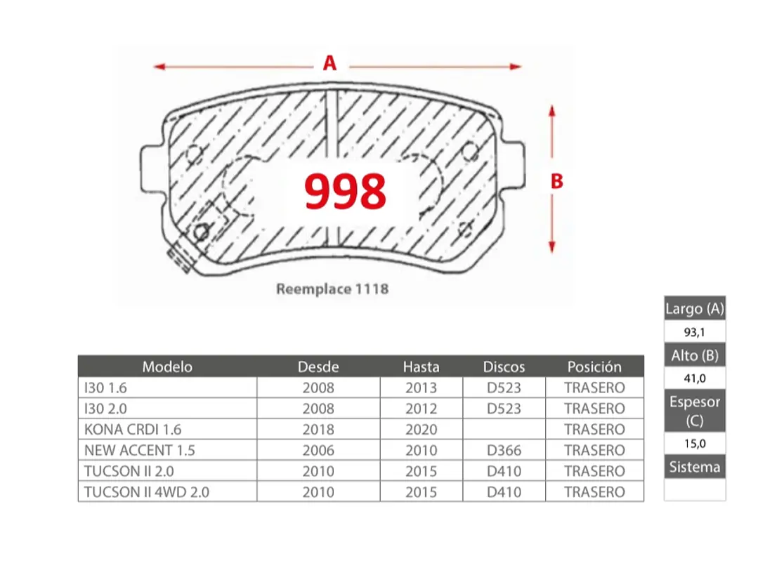 Pastillas de Freno Hyundai Tucson 2.0 2010-2015 Trasera 2