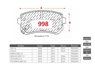 Pastillas de Freno Hyundai Tucson 2.0 2010-2015 Trasera