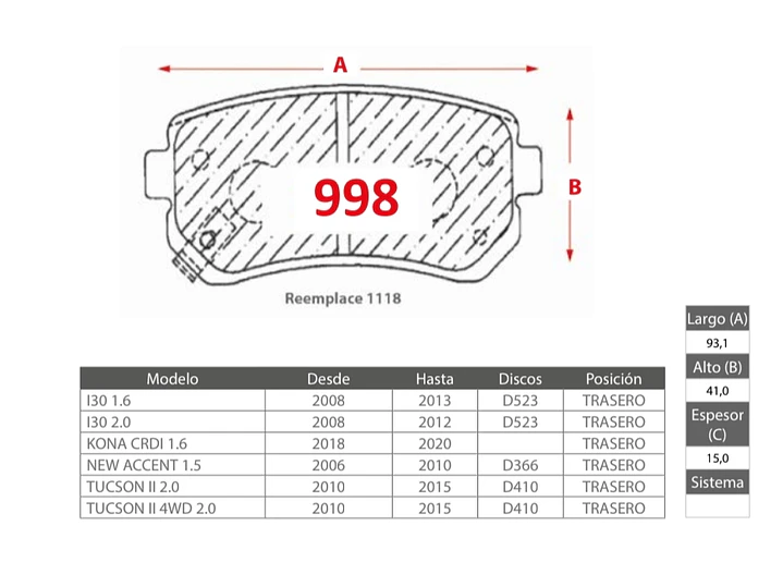 Pastillas de Freno Hyundai Tucson 2.0 2010-2015 Trasera 2