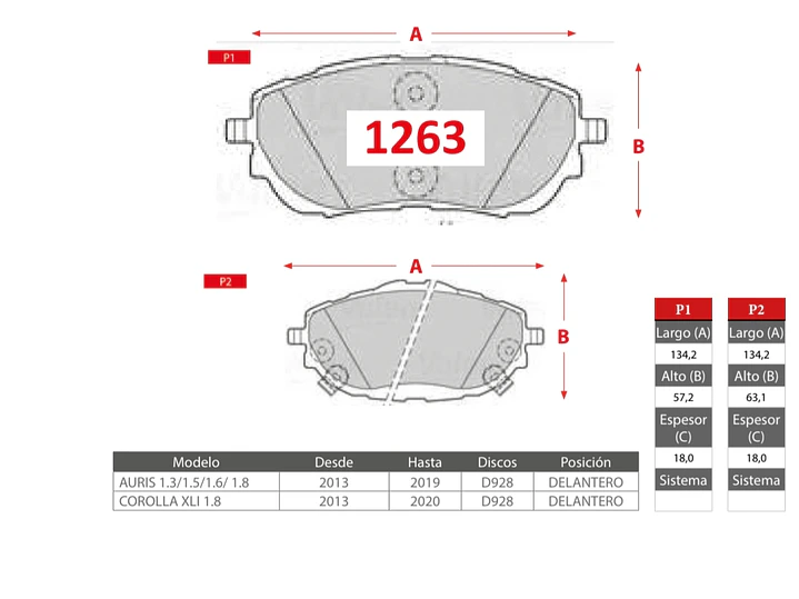 Pastillas de Freno Toyota Corolla XLI 1.8 2013-2020 GTX Gold Delanteras 2