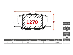 Pastillas de Freno Changan CS35 1.6 2019 > 1.6 TRASERAS