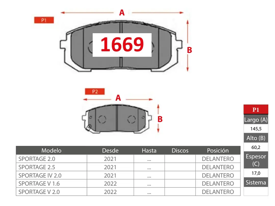 Pastillas de Freno Kia Sportage 2.0 2021-> Delanteras 2