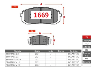 Pastillas de Freno Kia Sportage 2.0 2021-> Delanteras