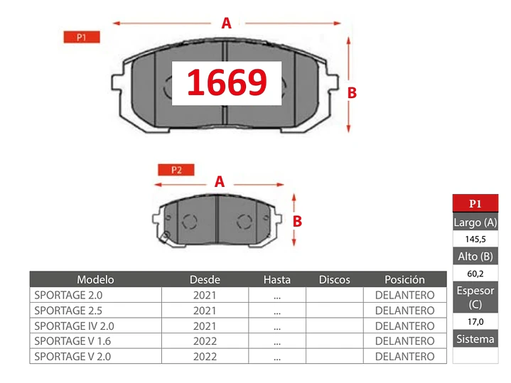 Pastillas de Freno Kia Sportage 2.0 2021-> Delanteras 2
