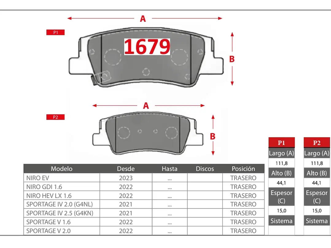 Pastillas de Freno Kia Sportage  2.0 2021->Traseras 2