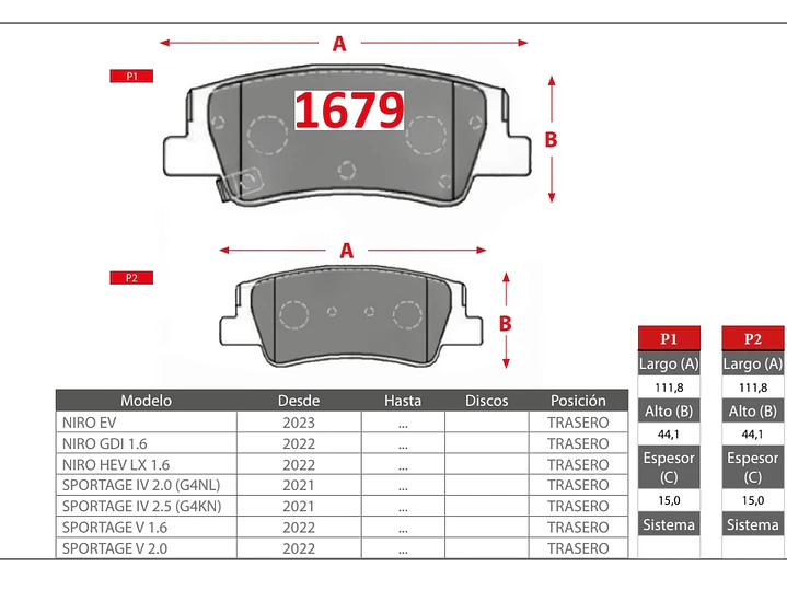 Pastillas de Freno Kia Sportage  2.0 2021->Traseras 2