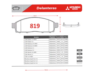 Pastillas de Freno Mitsubishi L200 Work 2WD 2.4 2016 en adelante Delanteras