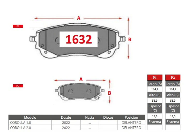 Pastillas de Freno Toyota Corolla 2.0 2022 en adelante Delanteras 2