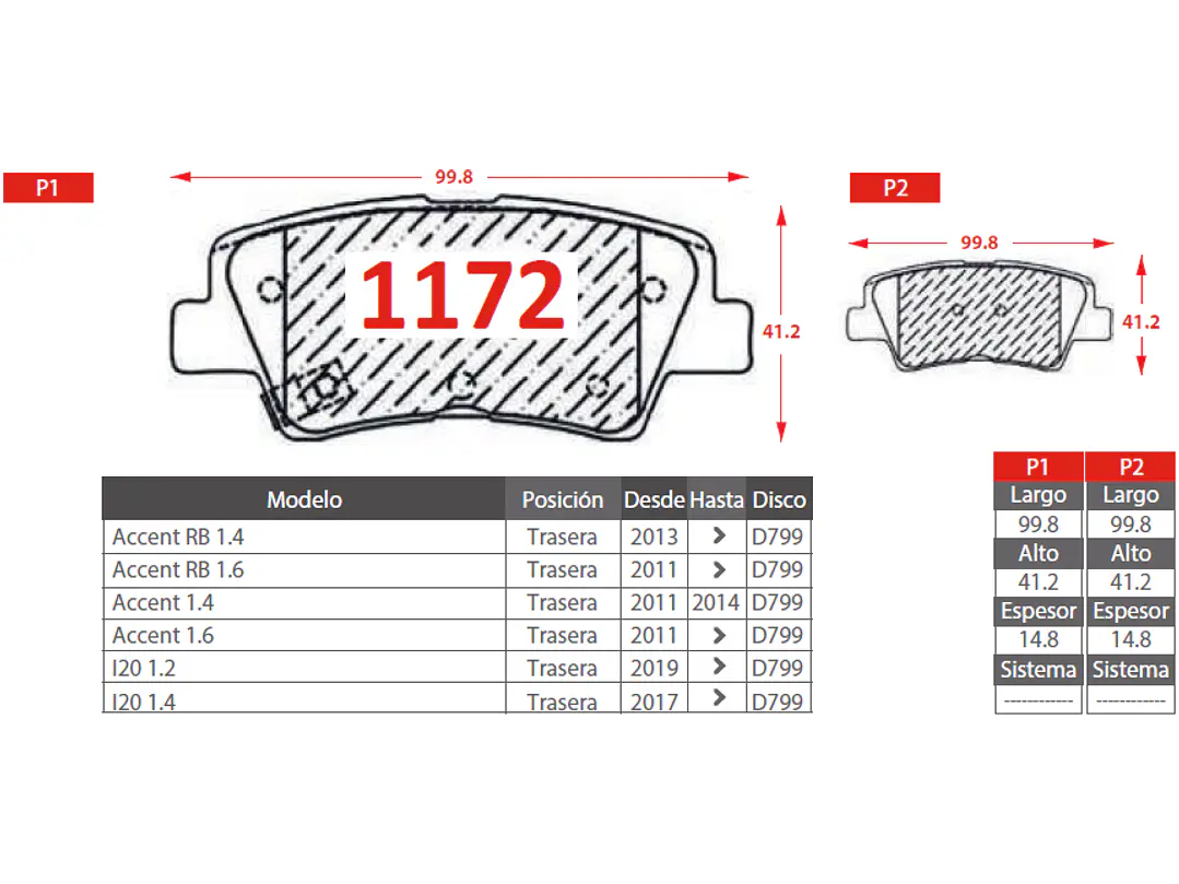 Pastillas de Freno Kia Rio III 1.4 2012-2017 Traseras 2